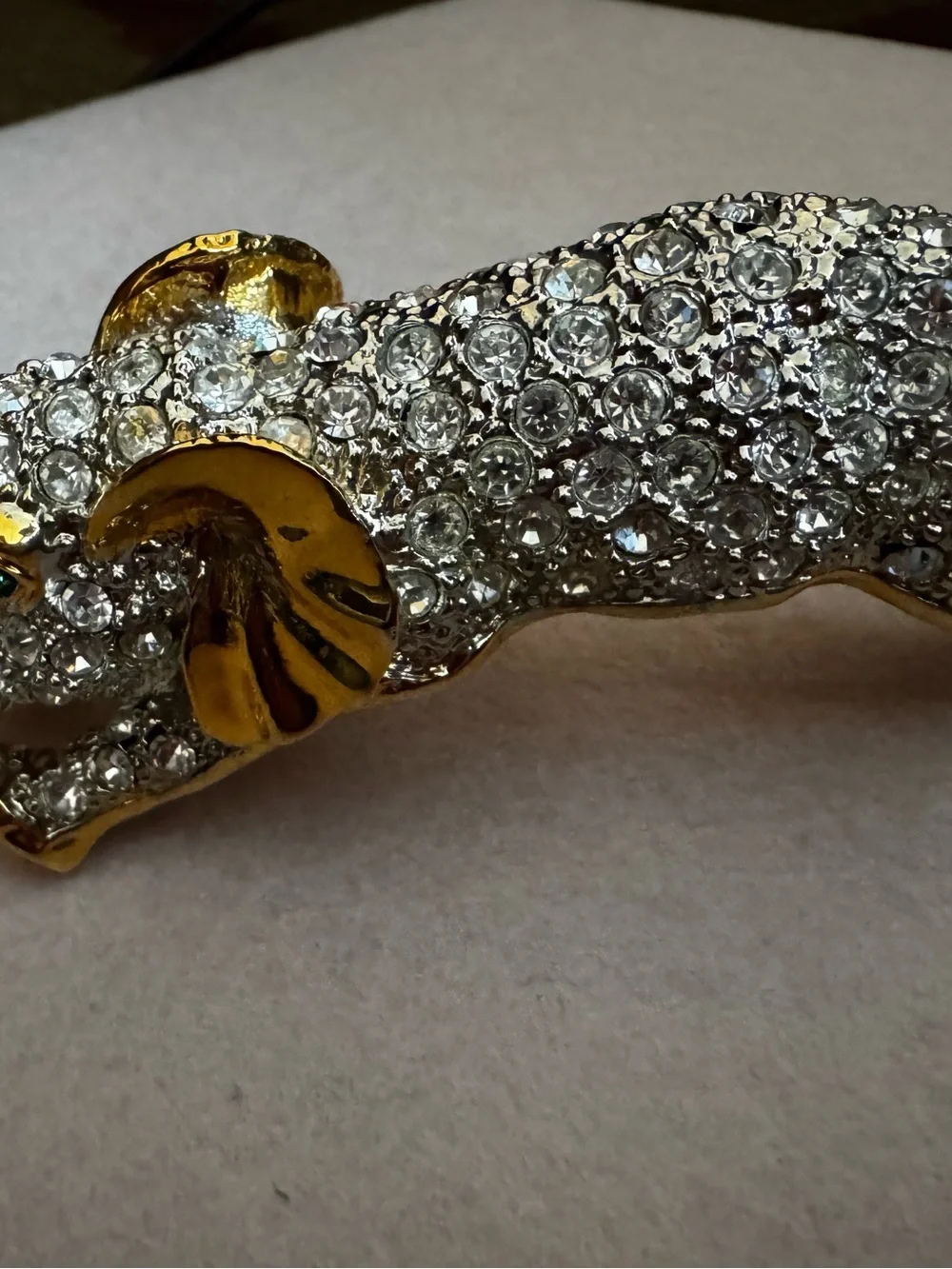 1980s Gold-Tone Large Elephant over the Shoulder Brooch with Clear Crystals